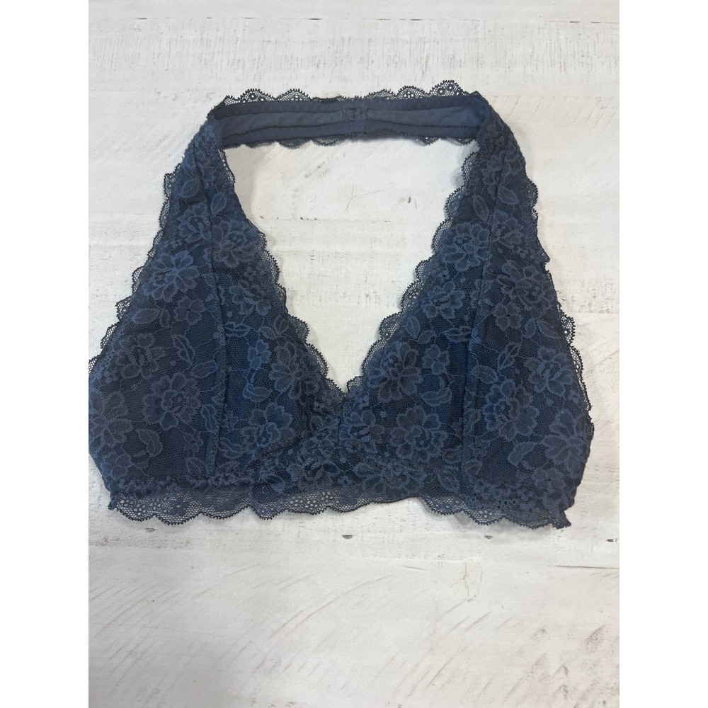 Gilly Hicks Navy Blue Floral Lace Halter Bralette XS Hook and Eye Closure